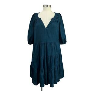 Universal Thread Cotton Tiered Puff Sleeve Mini Dress Blue Teal Boho Small